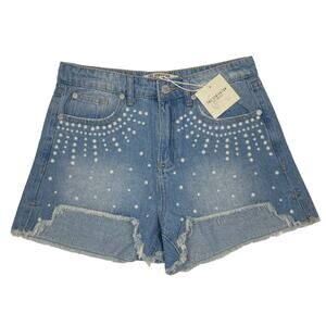 NEW Free Generation Women's Small Blue Denim Pearl‎ Accent Step-Hem Jean Shorts